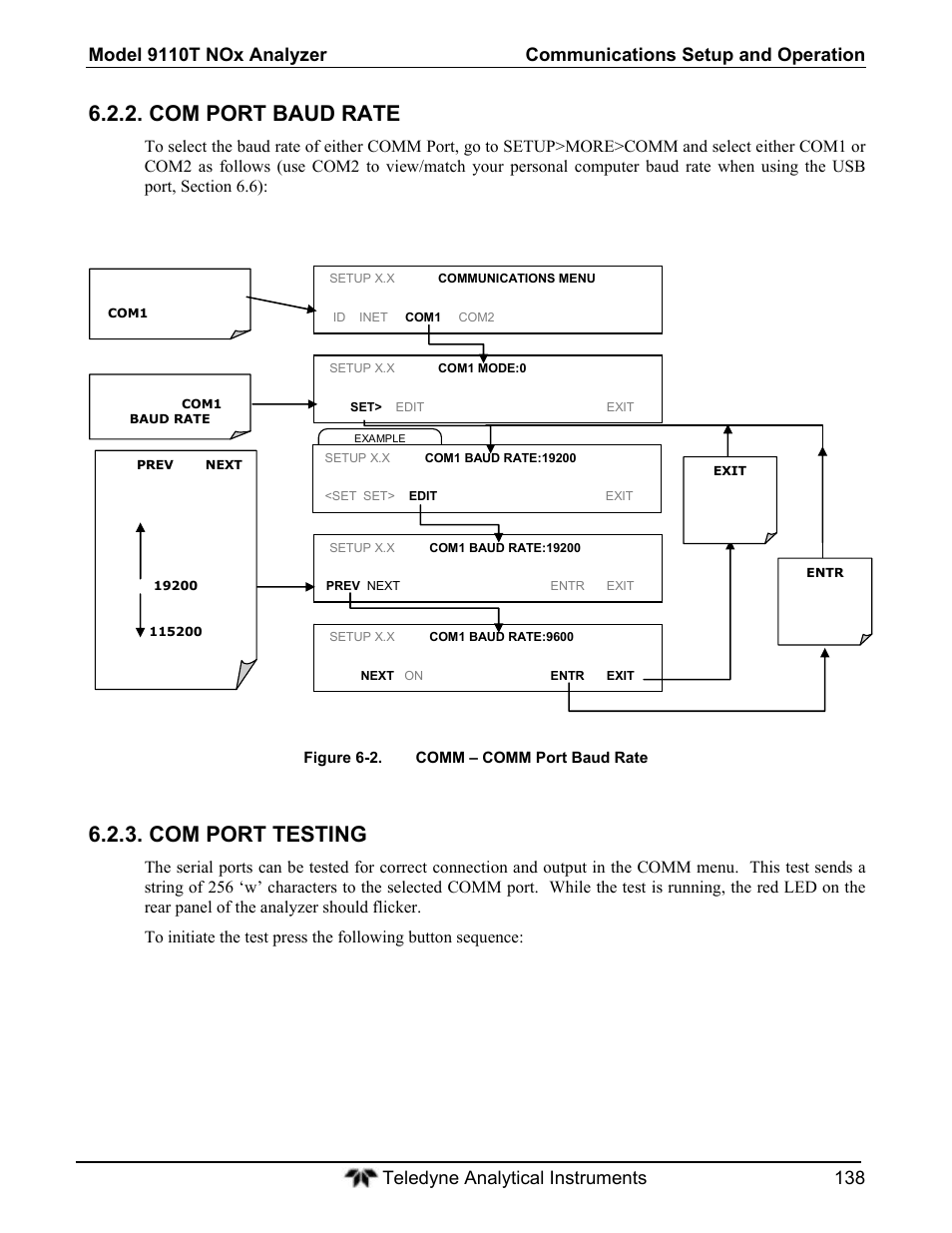 Com port baud rate, Com port testing | Teledyne 9110T - Nitrogen Oxides Analyzer User Manual | Page 138 / 378