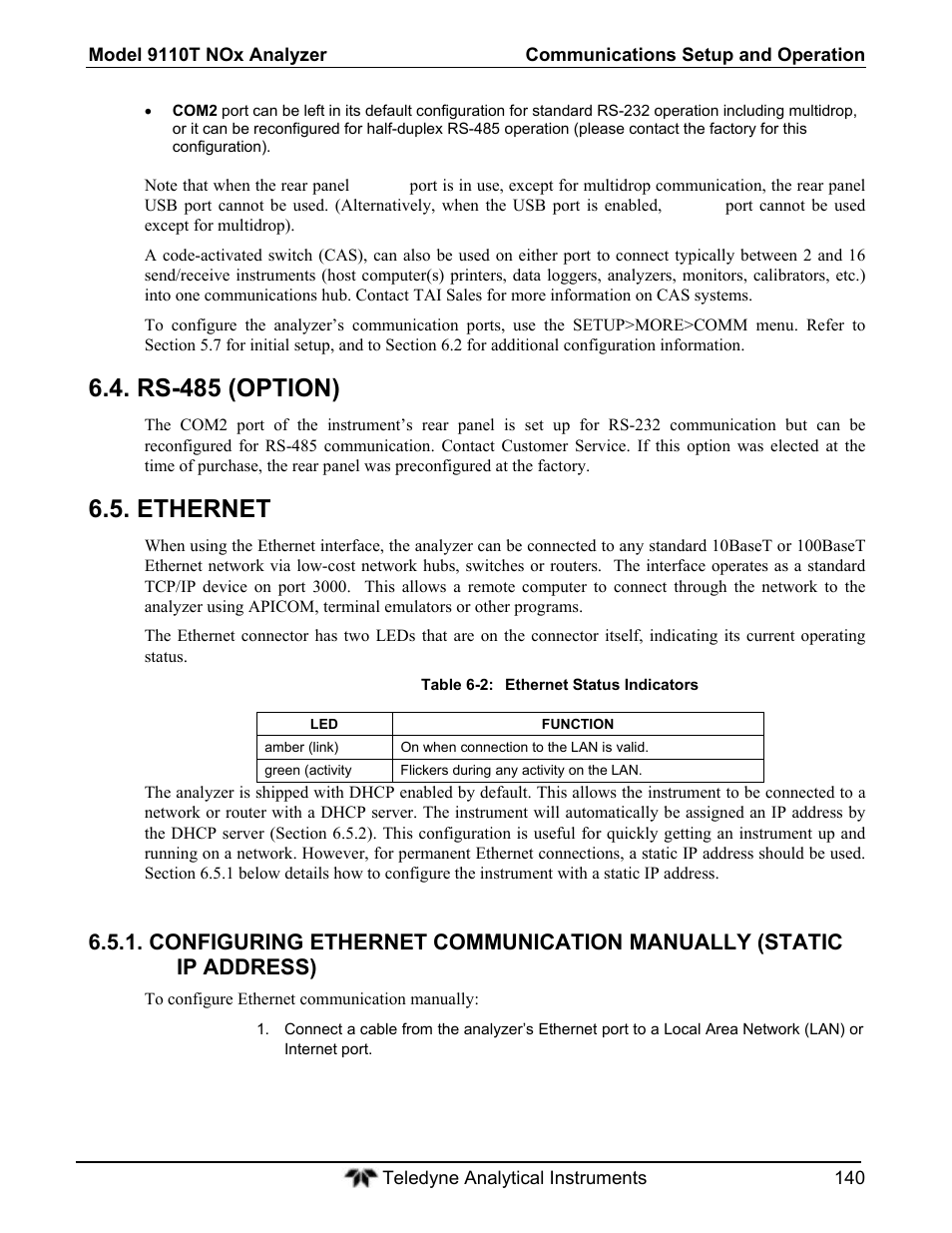 Rs-485 (option), Ethernet | Teledyne 9110T - Nitrogen Oxides Analyzer User Manual | Page 140 / 378