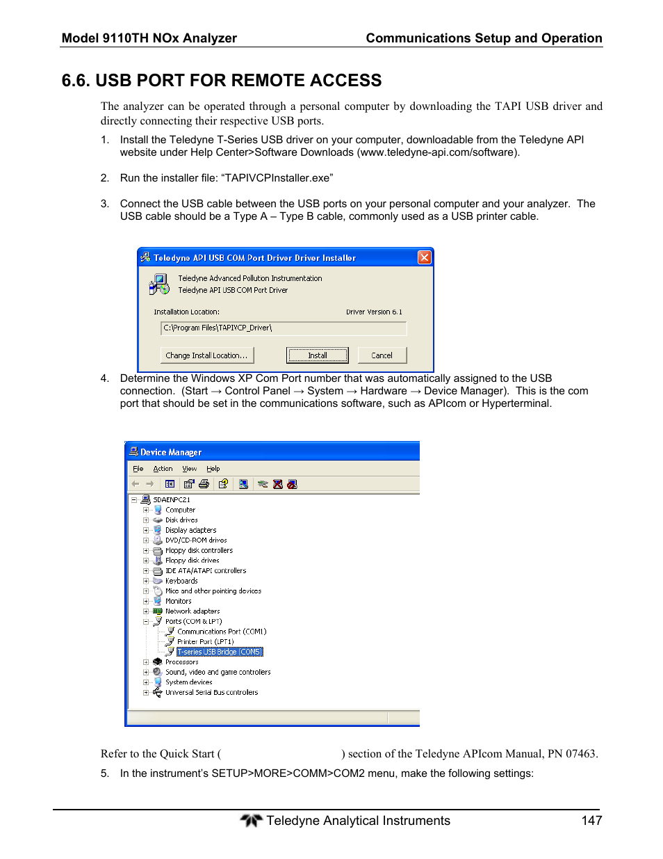 Usb port for remote access | Teledyne 9110T - Nitrogen Oxides Analyzer User Manual | Page 147 / 378