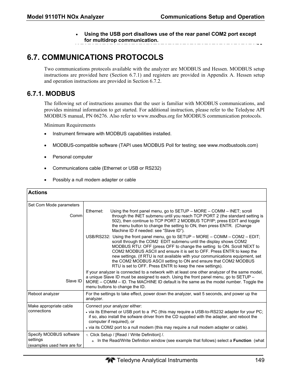 Communications protocols, Modbus | Teledyne 9110T - Nitrogen Oxides Analyzer User Manual | Page 149 / 378