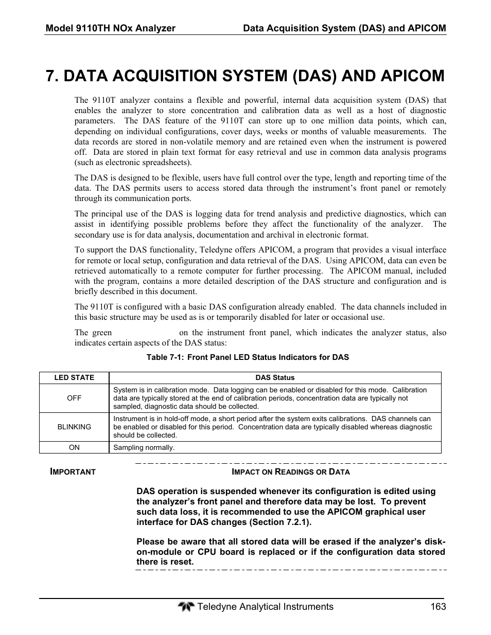 Data acquisition system (das) and apicom | Teledyne 9110T - Nitrogen Oxides Analyzer User Manual | Page 163 / 378