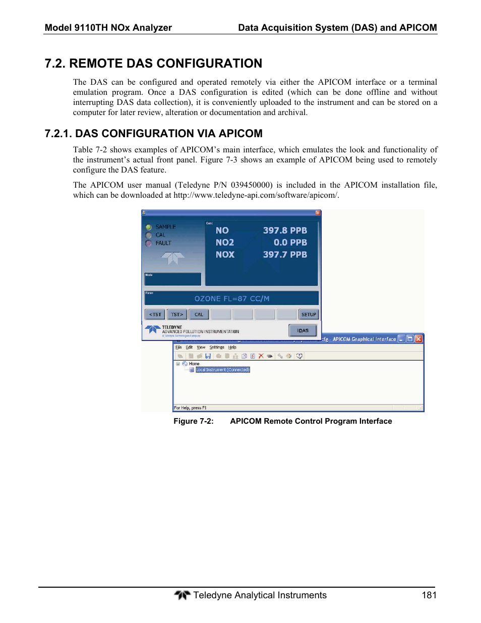 Remote das configuration, Das configuration via apicom | Teledyne 9110T - Nitrogen Oxides Analyzer User Manual | Page 181 / 378