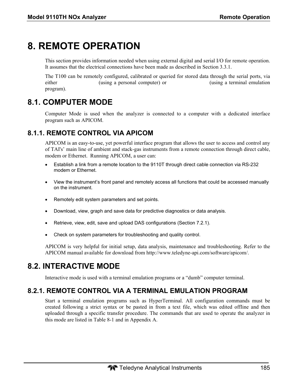 Remote operation, Computer mode, Interactive mode | Teledyne 9110T - Nitrogen Oxides Analyzer User Manual | Page 185 / 378