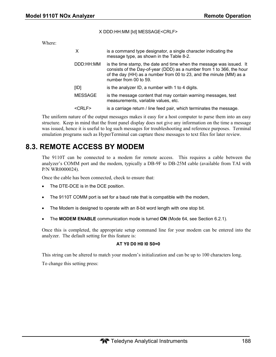 Remote access by modem | Teledyne 9110T - Nitrogen Oxides Analyzer User Manual | Page 188 / 378