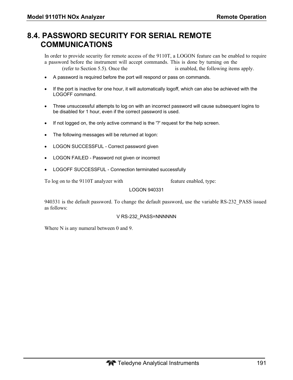 Password security for serial remote communications | Teledyne 9110T - Nitrogen Oxides Analyzer User Manual | Page 191 / 378