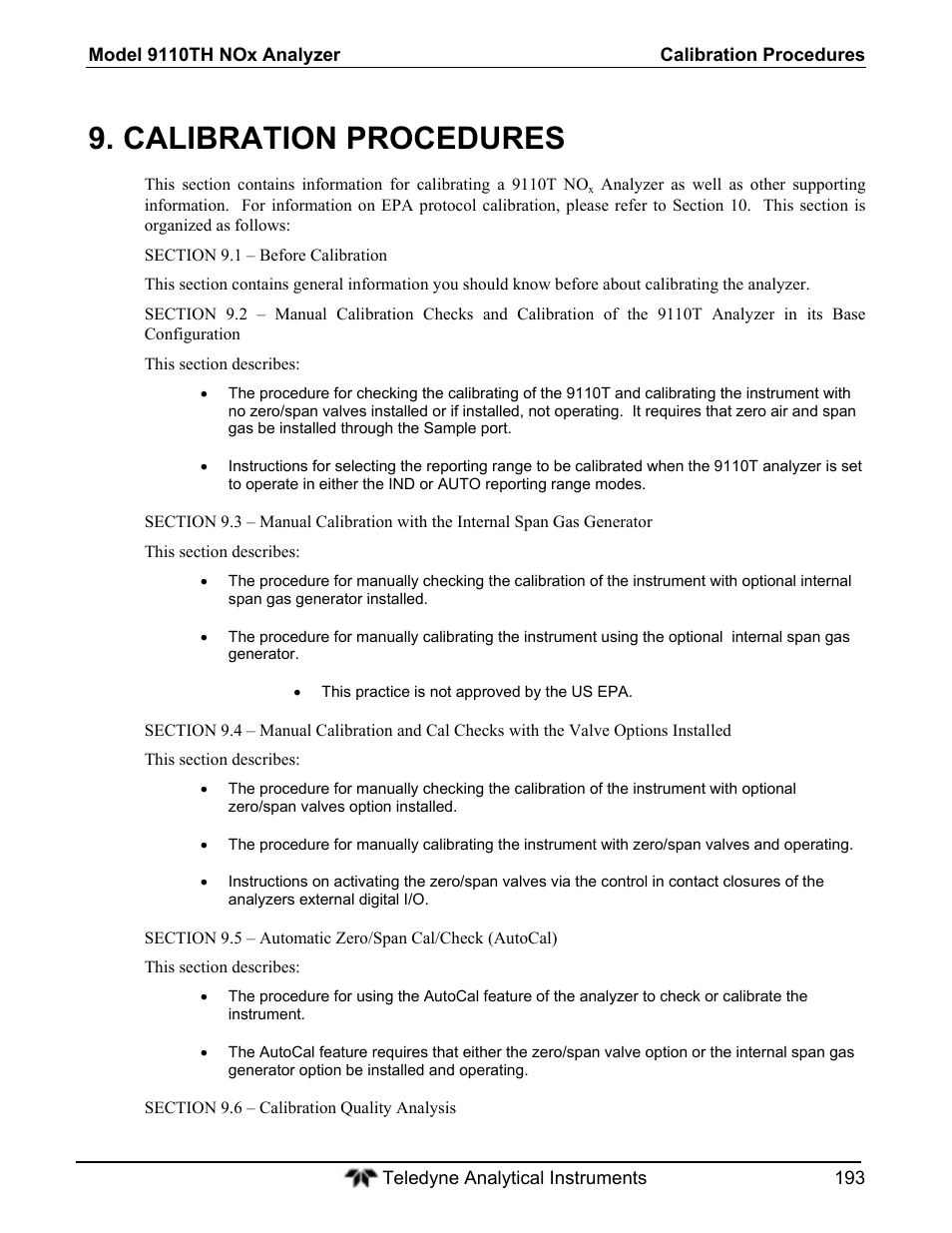Calibration procedures | Teledyne 9110T - Nitrogen Oxides Analyzer User Manual | Page 193 / 378
