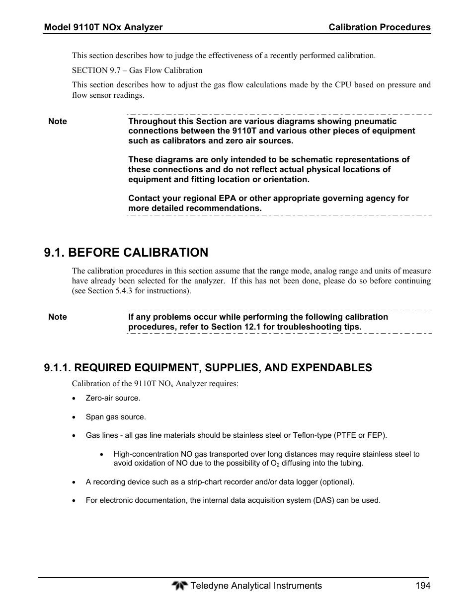 Before calibration, Required equipment, supplies, and expendables | Teledyne 9110T - Nitrogen Oxides Analyzer User Manual | Page 194 / 378