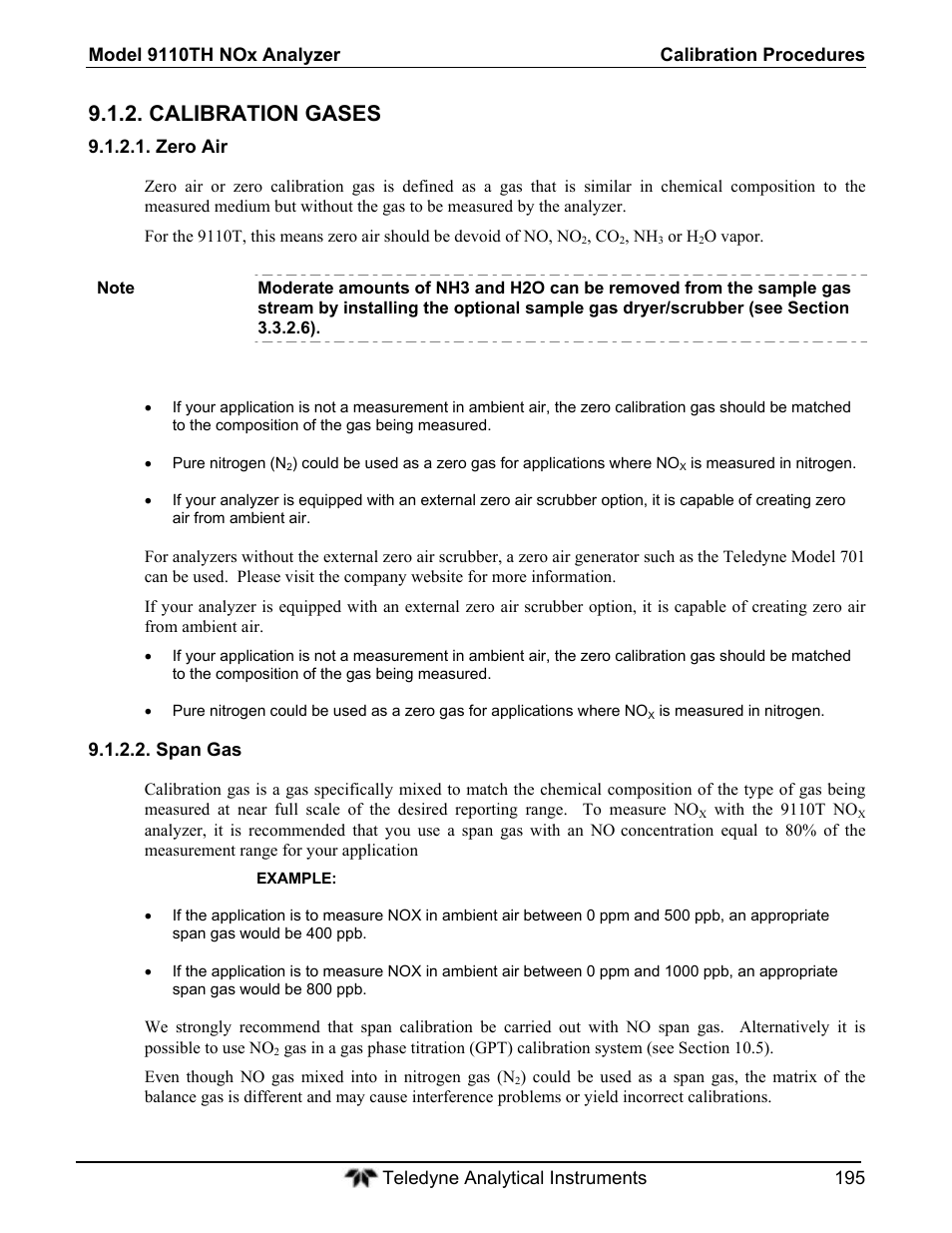 Calibration gases | Teledyne 9110T - Nitrogen Oxides Analyzer User Manual | Page 195 / 378