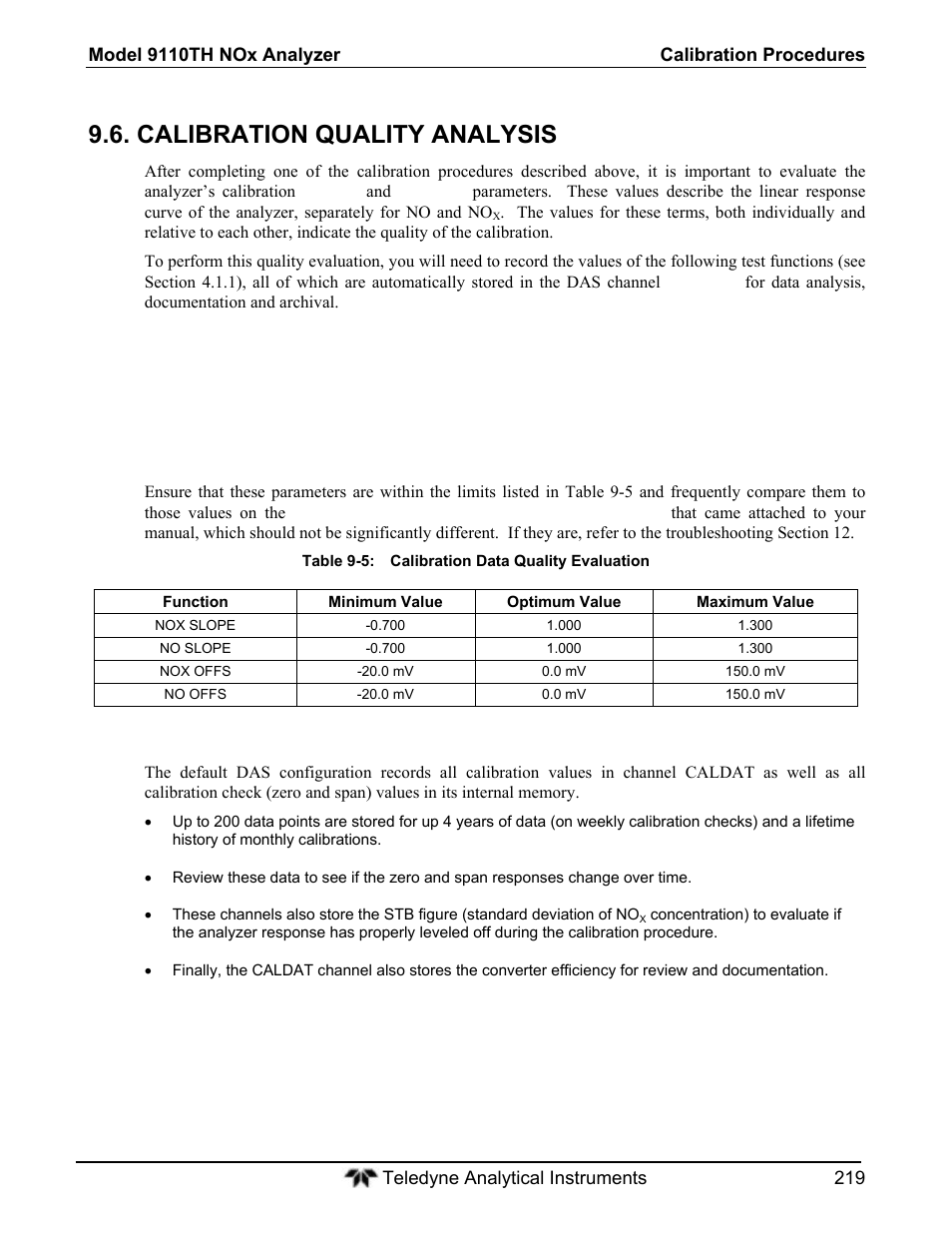 Calibration quality analysis | Teledyne 9110T - Nitrogen Oxides Analyzer User Manual | Page 219 / 378