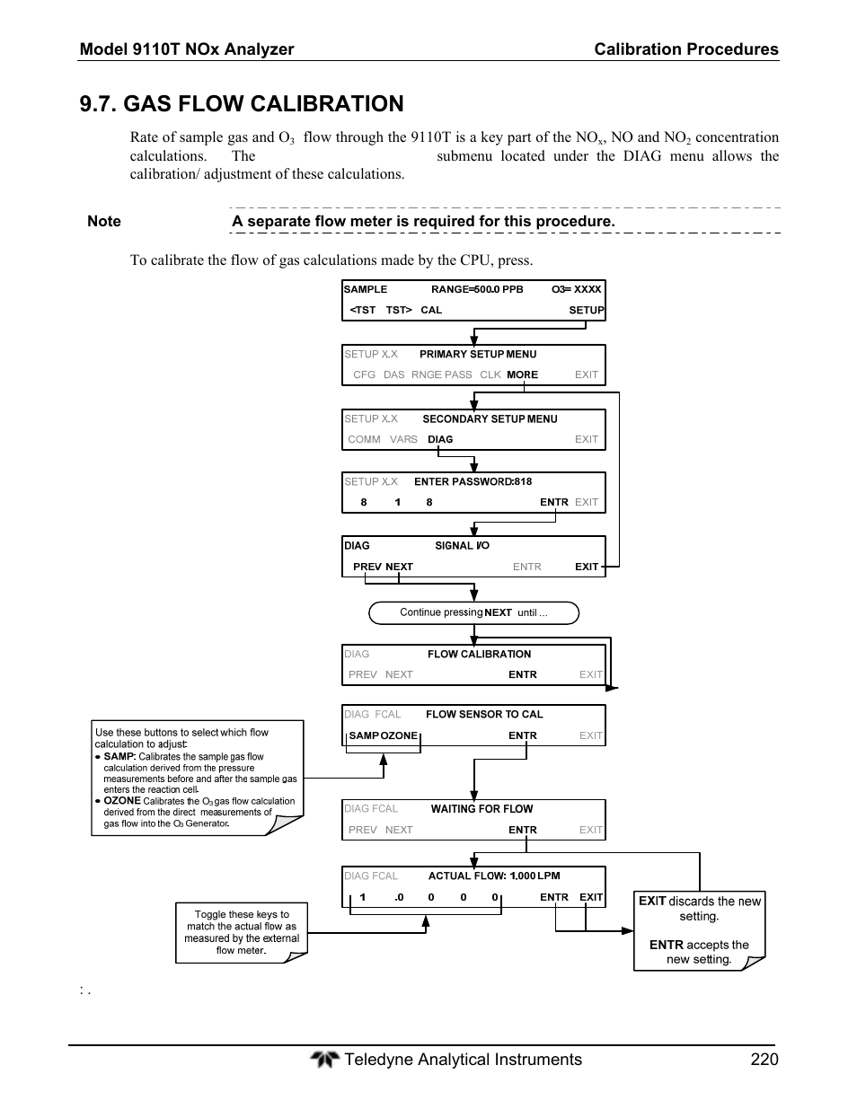 Gas flow calibration | Teledyne 9110T - Nitrogen Oxides Analyzer User Manual | Page 220 / 378