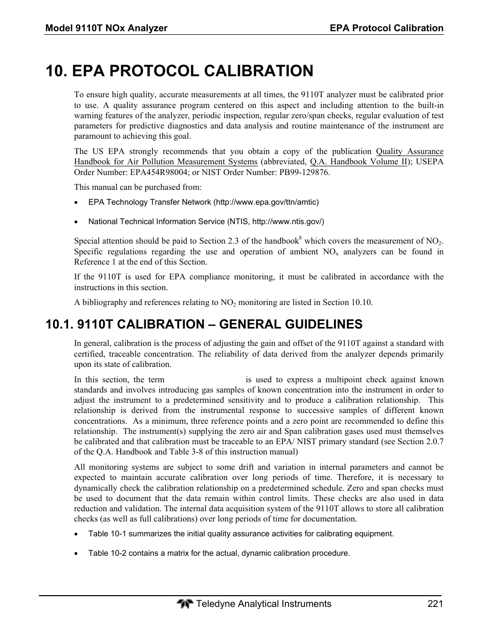 Epa protocol calibration, 9110t calibration – general guidelines | Teledyne 9110T - Nitrogen Oxides Analyzer User Manual | Page 221 / 378