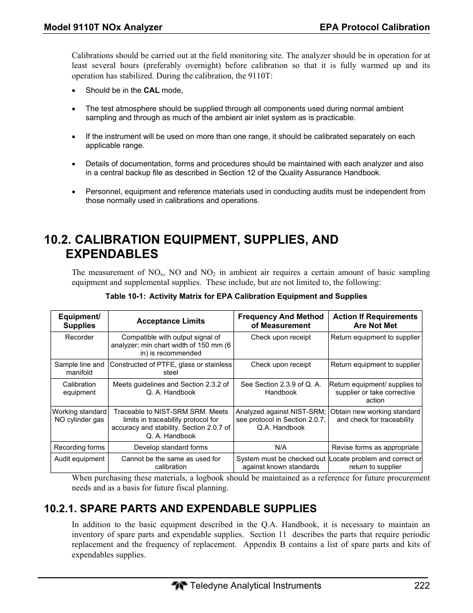 Calibration equipment, supplies, and expendables, Spare parts and expendable supplies | Teledyne 9110T - Nitrogen Oxides Analyzer User Manual | Page 222 / 378