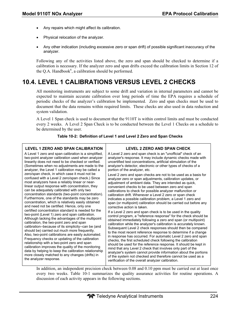 Level 1 calibrations versus level 2 checks | Teledyne 9110T - Nitrogen Oxides Analyzer User Manual | Page 224 / 378
