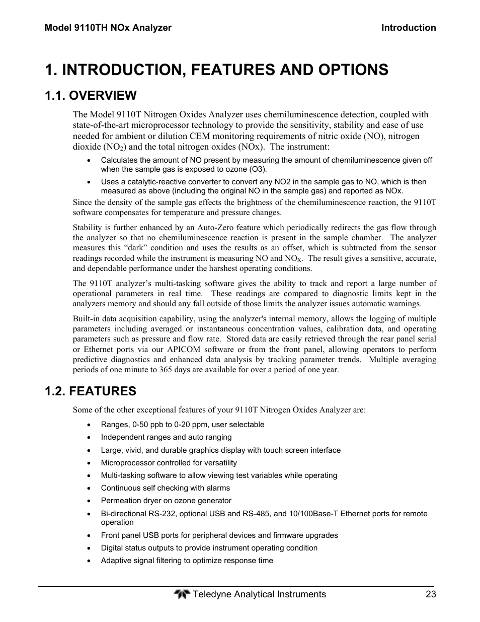 Introduction, features and options, Overview, Features | Teledyne 9110T - Nitrogen Oxides Analyzer User Manual | Page 23 / 378