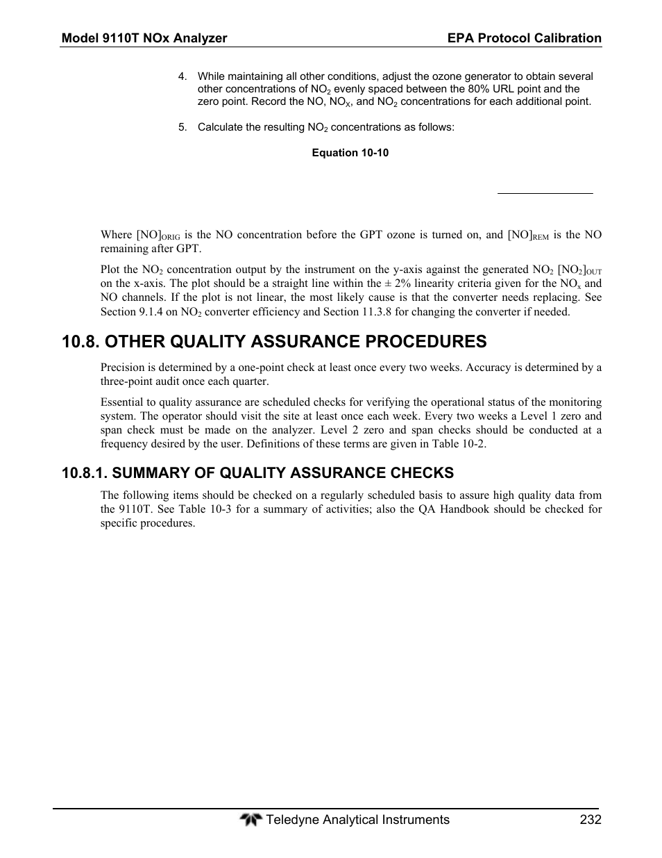 Other quality assurance procedures, F ] no [ * f + ] [no - ] [no = ] no, Summary of quality assurance checks | Teledyne 9110T - Nitrogen Oxides Analyzer User Manual | Page 232 / 378