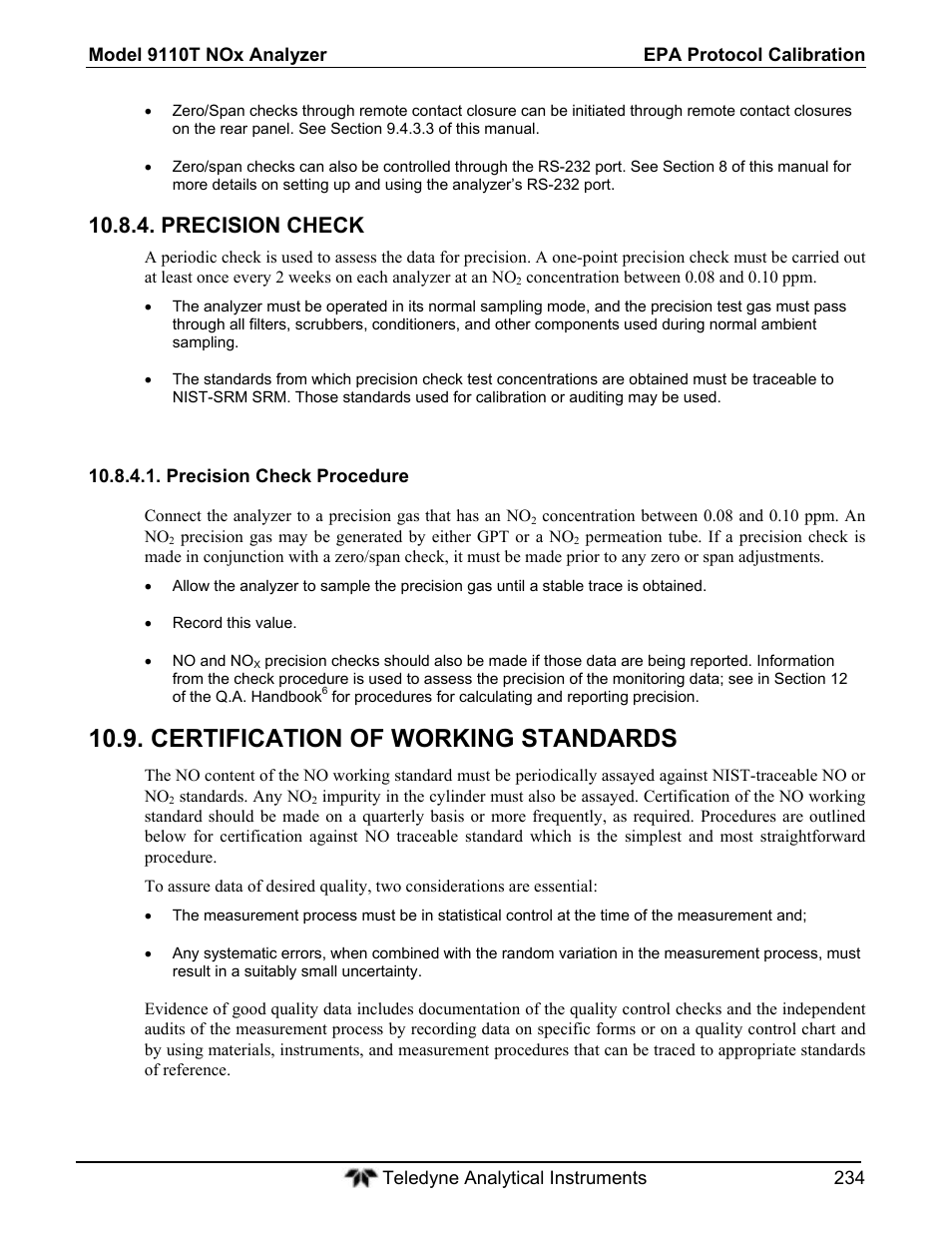 Certification of working standards, Precision check | Teledyne 9110T - Nitrogen Oxides Analyzer User Manual | Page 234 / 378