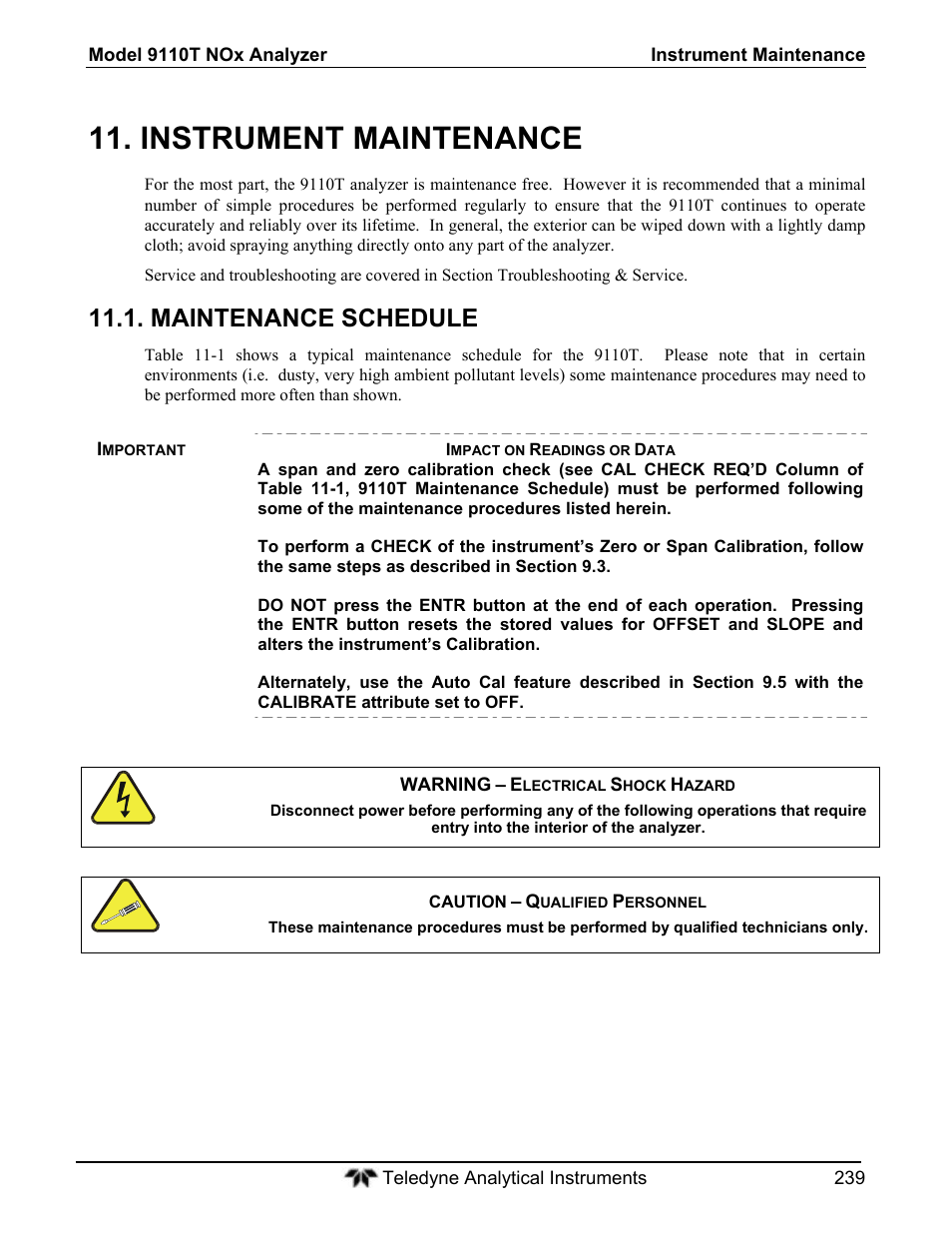 Instrument maintenance, Maintenance schedule | Teledyne 9110T - Nitrogen Oxides Analyzer User Manual | Page 239 / 378
