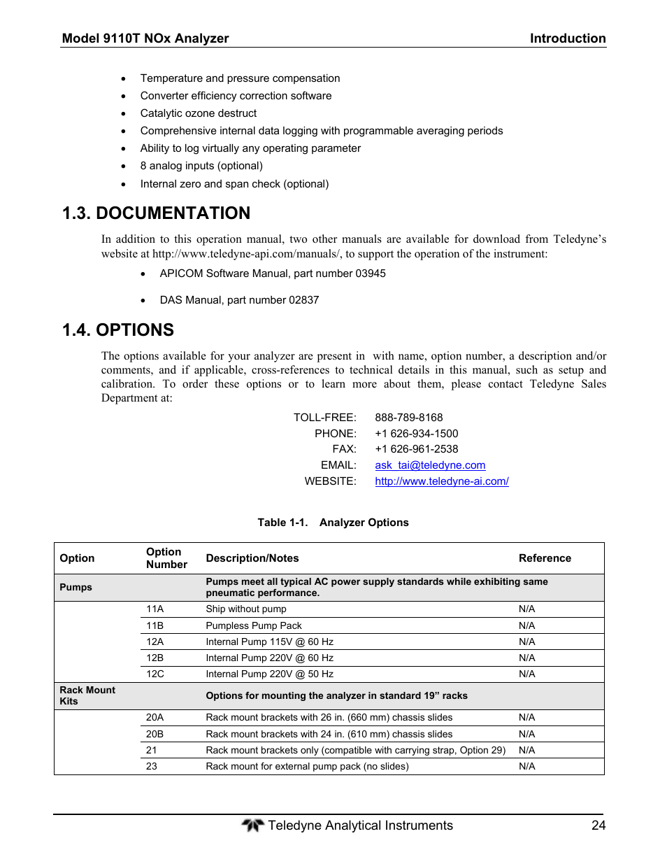 Documentation, Options | Teledyne 9110T - Nitrogen Oxides Analyzer User Manual | Page 24 / 378