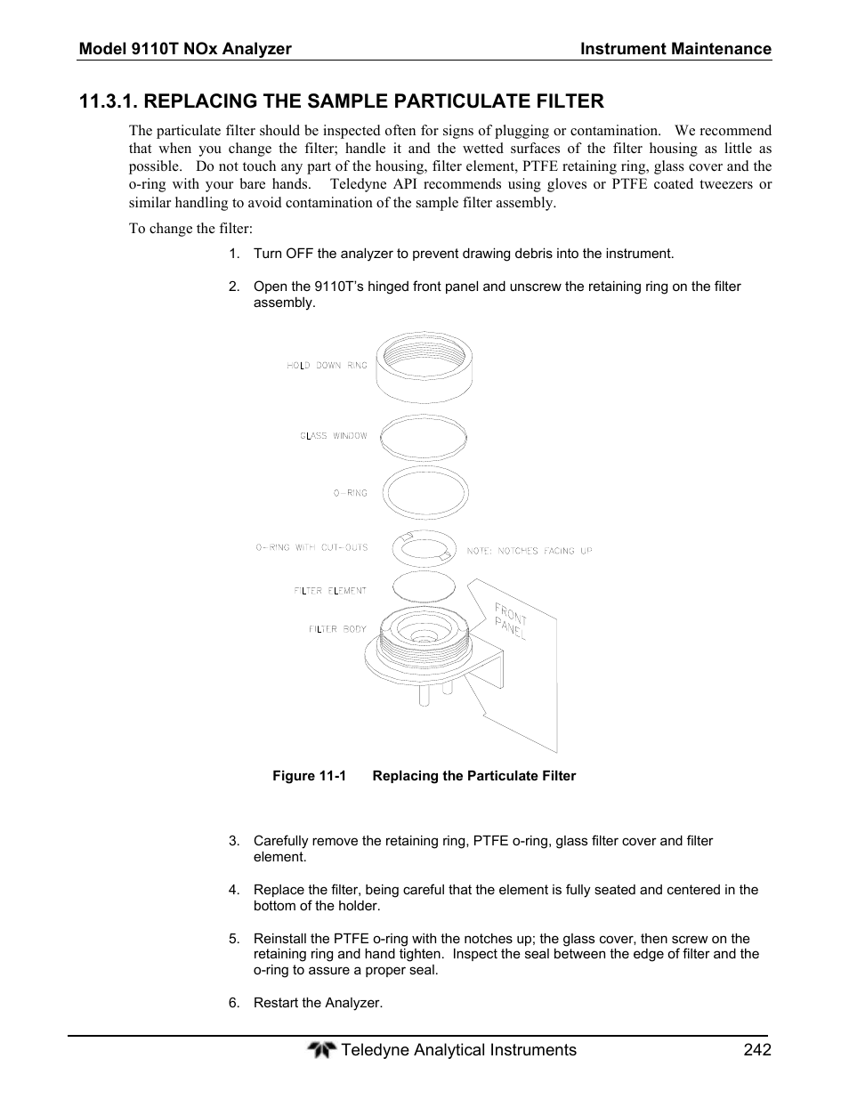 Replacing the sample particulate filter | Teledyne 9110T - Nitrogen Oxides Analyzer User Manual | Page 242 / 378