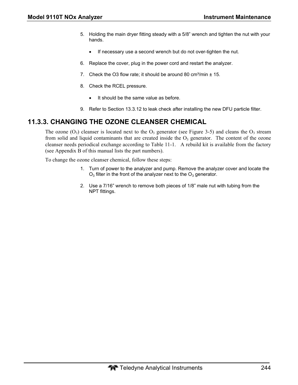 Changing the ozone cleanser chemical | Teledyne 9110T - Nitrogen Oxides Analyzer User Manual | Page 244 / 378