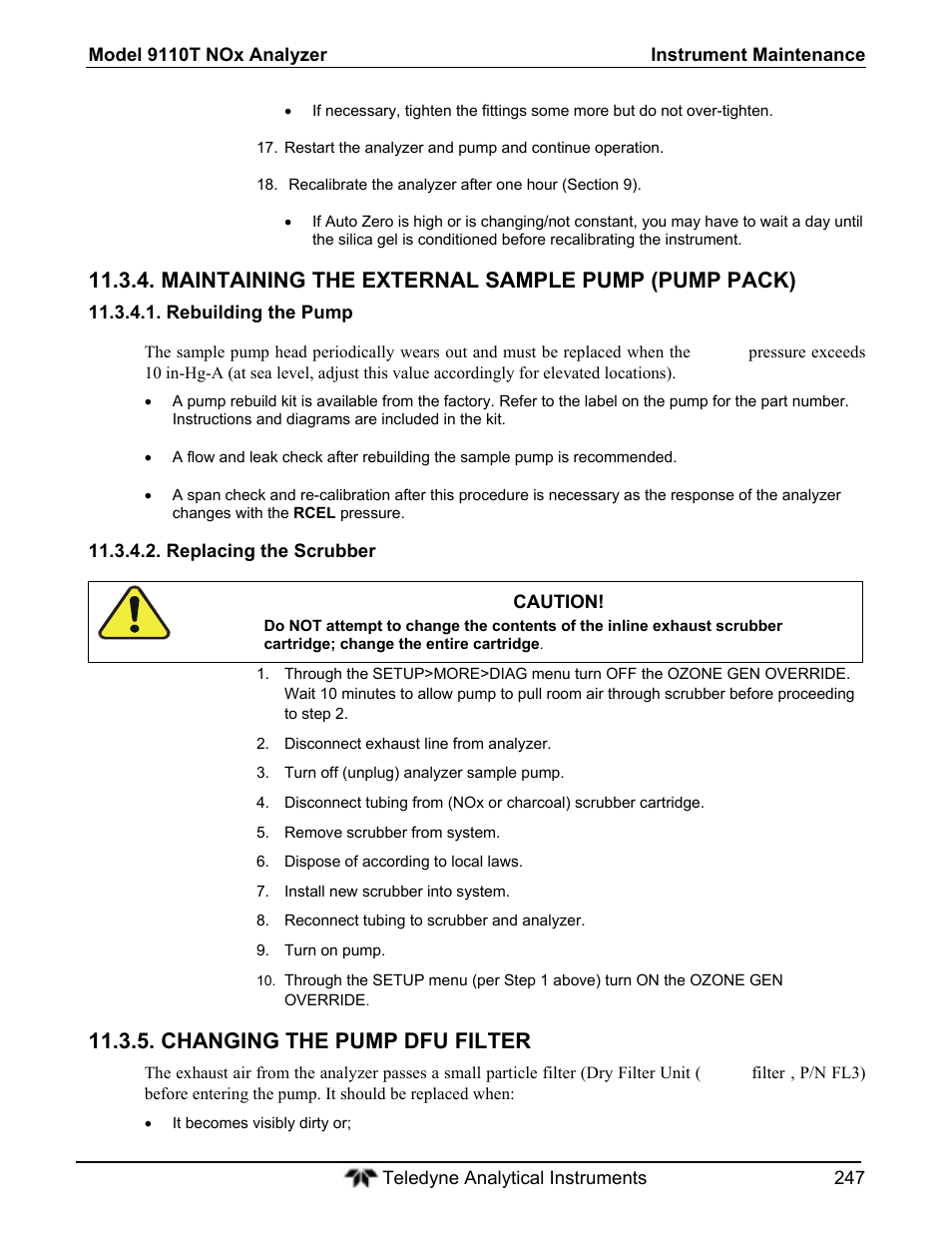 Maintaining the external sample pump (pump pack), Changing the pump dfu filter | Teledyne 9110T - Nitrogen Oxides Analyzer User Manual | Page 247 / 378