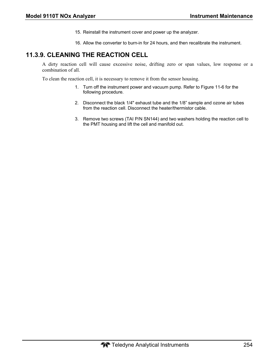 Cleaning the reaction cell | Teledyne 9110T - Nitrogen Oxides Analyzer User Manual | Page 254 / 378