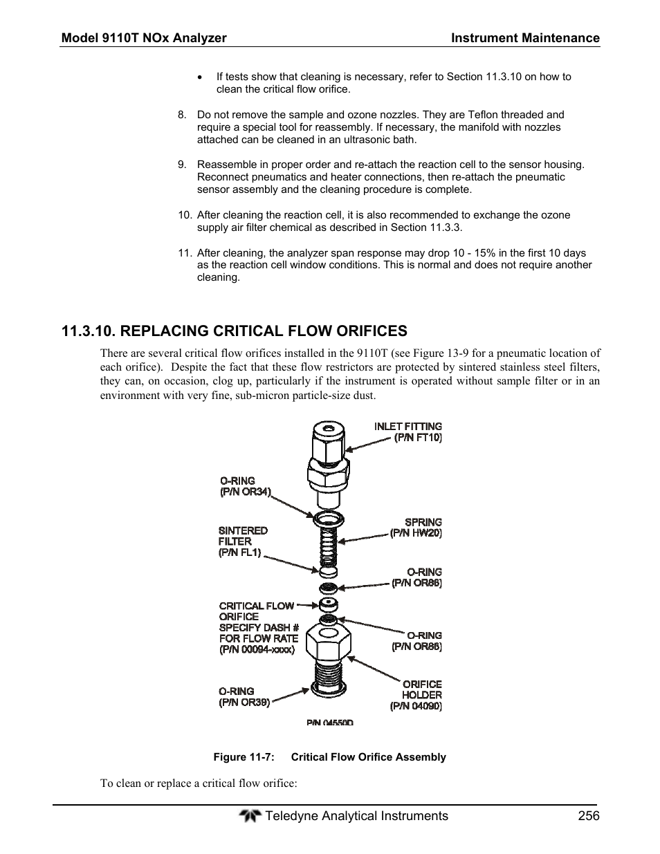 Replacing critical flow orifices | Teledyne 9110T - Nitrogen Oxides Analyzer User Manual | Page 256 / 378
