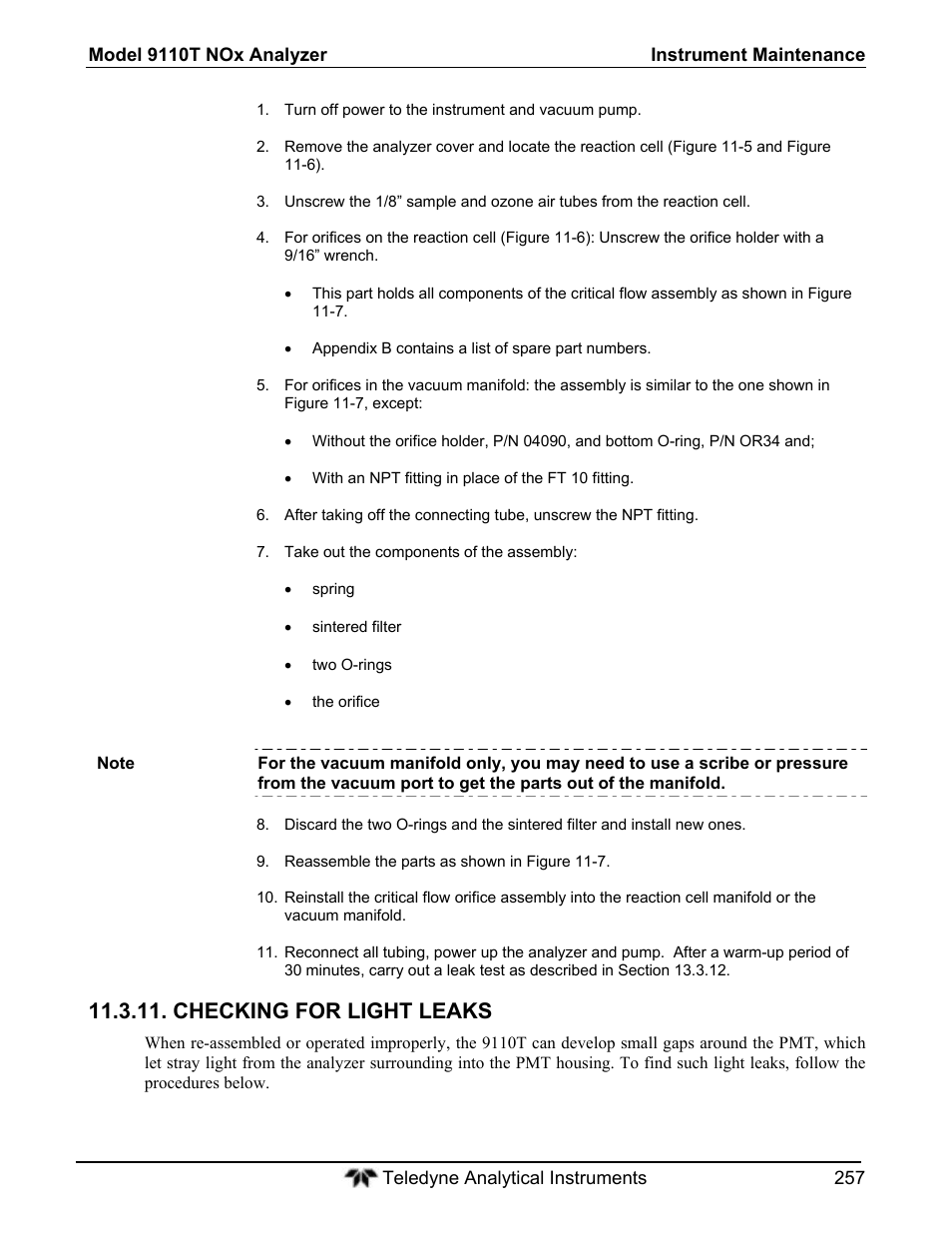 Checking for light leaks | Teledyne 9110T - Nitrogen Oxides Analyzer User Manual | Page 257 / 378