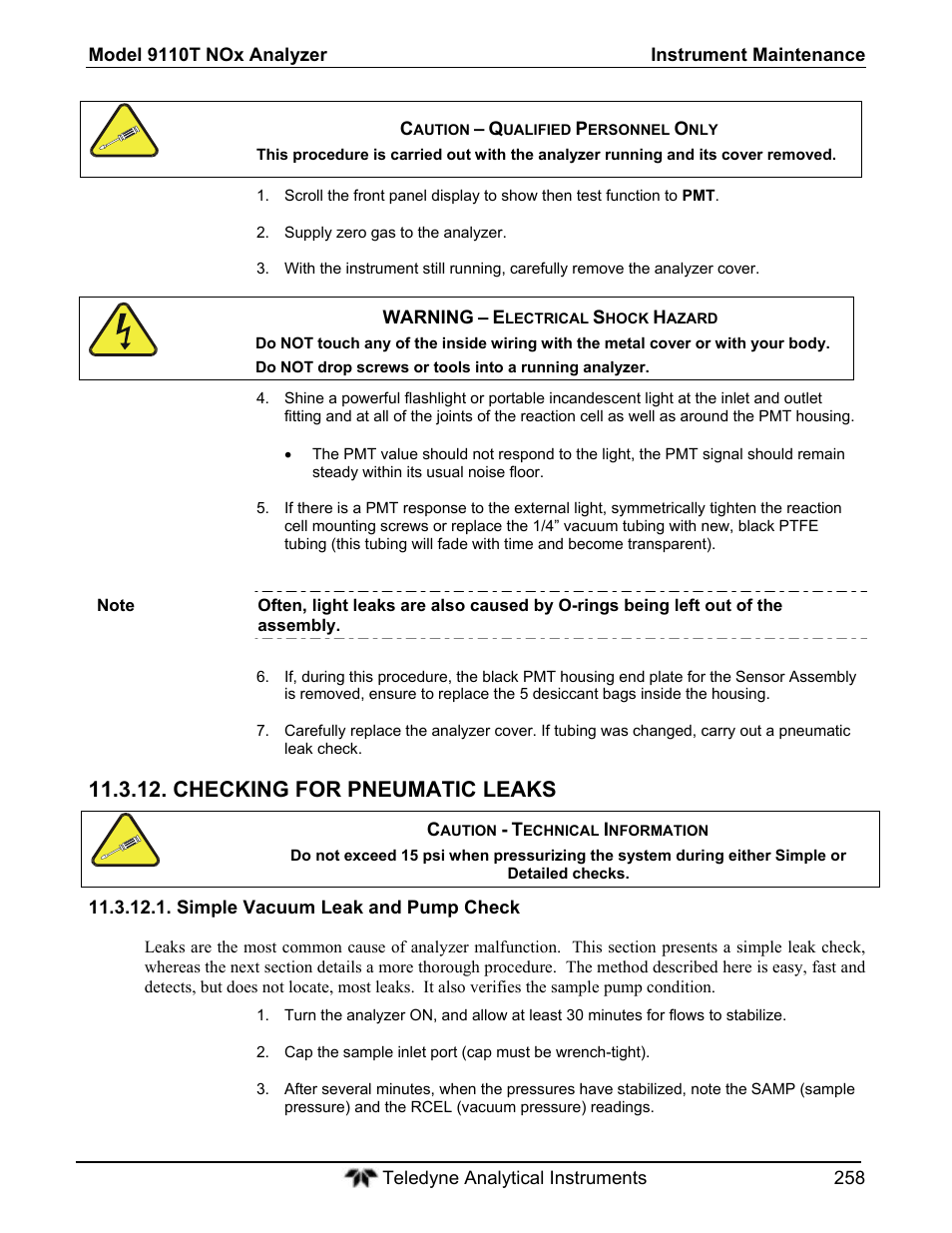 Checking for pneumatic leaks | Teledyne 9110T - Nitrogen Oxides Analyzer User Manual | Page 258 / 378