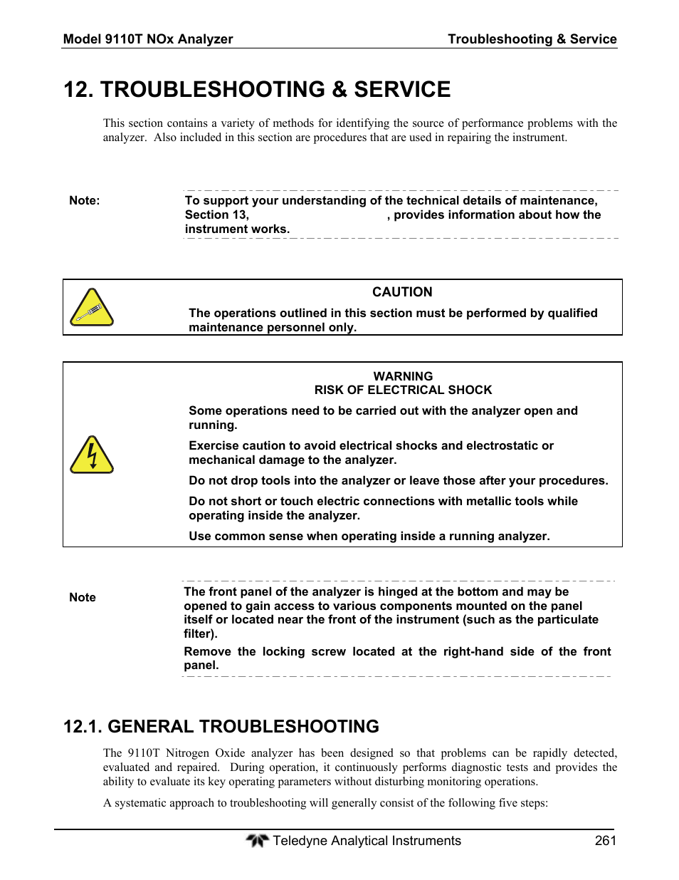 Troubleshooting & service, General troubleshooting | Teledyne 9110T - Nitrogen Oxides Analyzer User Manual | Page 261 / 378