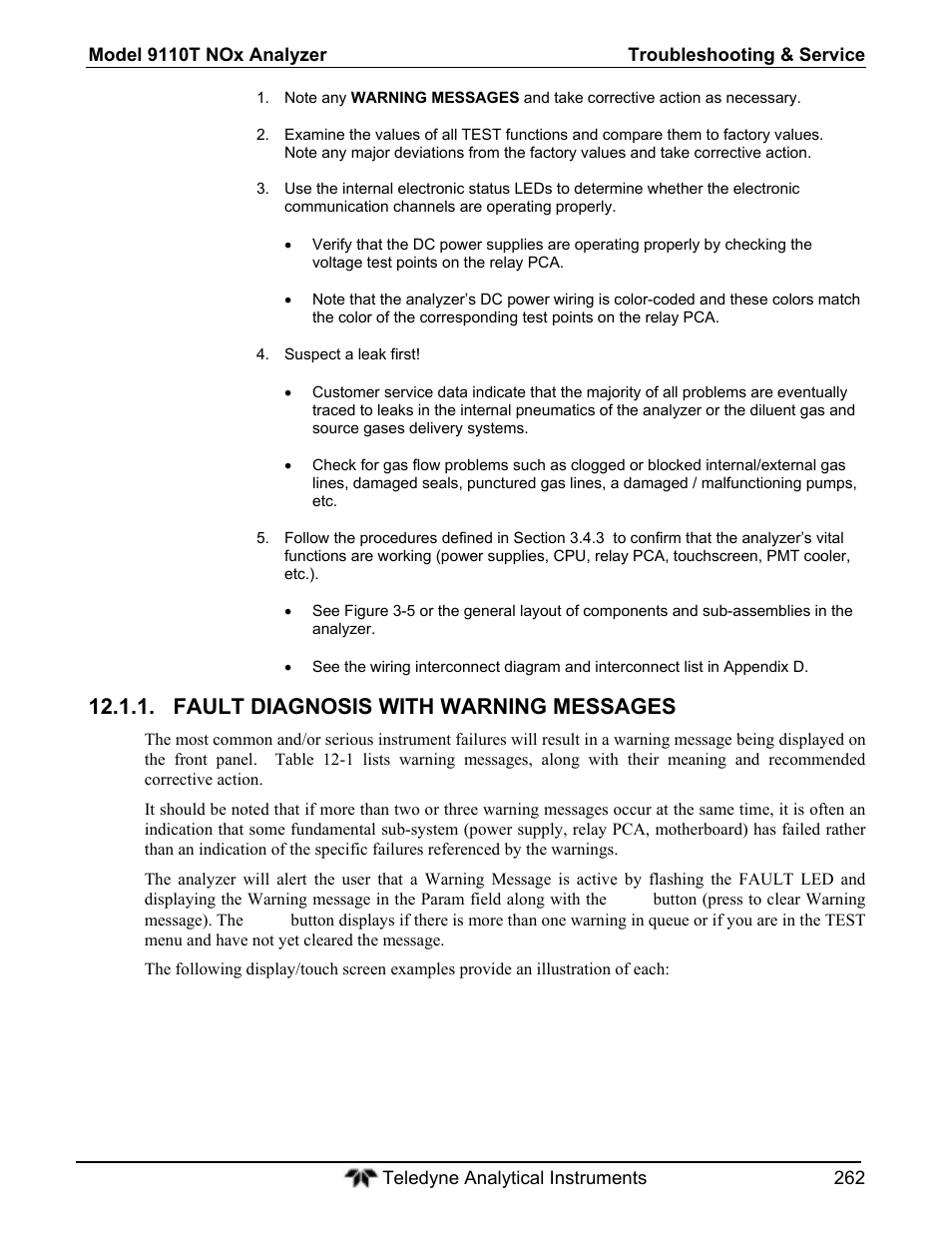Fault diagnosis with warning messages | Teledyne 9110T - Nitrogen Oxides Analyzer User Manual | Page 262 / 378