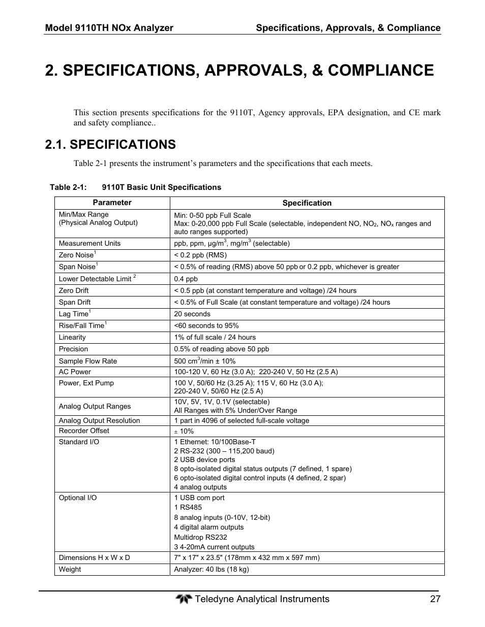 Specifications, approvals, & compliance, Specifications | Teledyne 9110T - Nitrogen Oxides Analyzer User Manual | Page 27 / 378