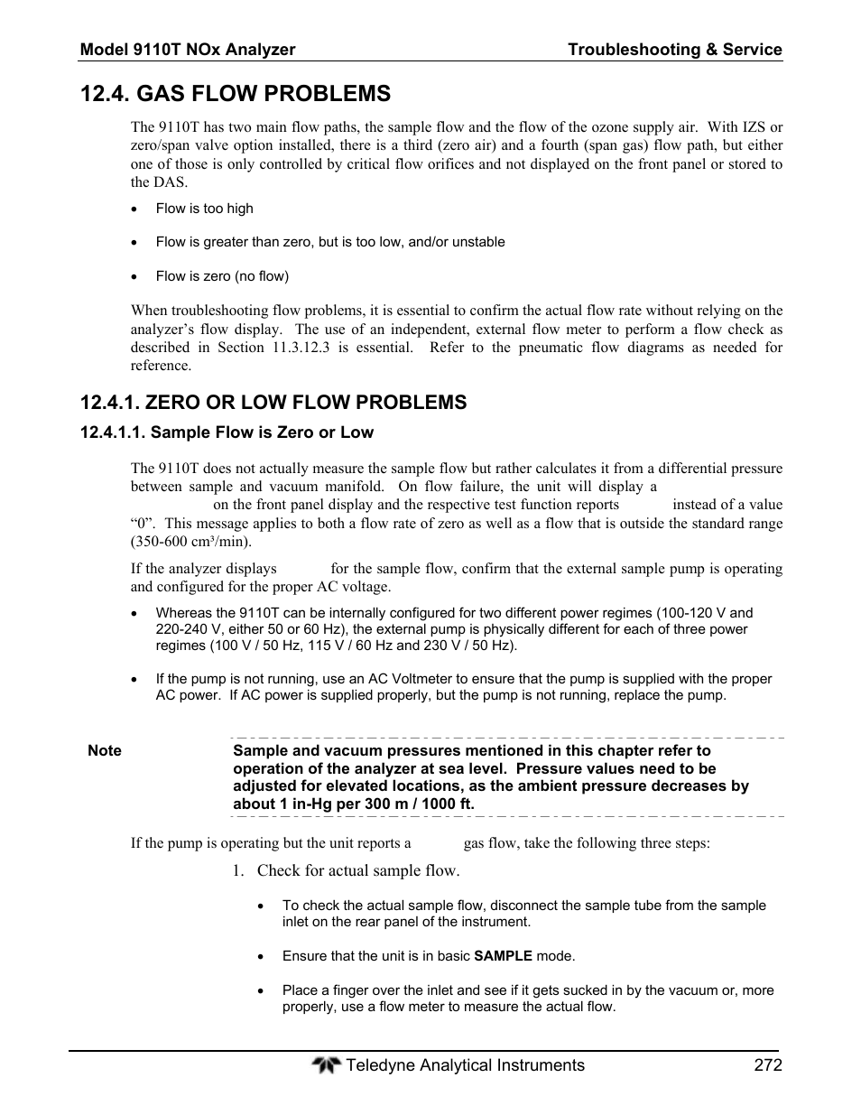 Gas flow problems, Zero or low flow problems | Teledyne 9110T - Nitrogen Oxides Analyzer User Manual | Page 272 / 378