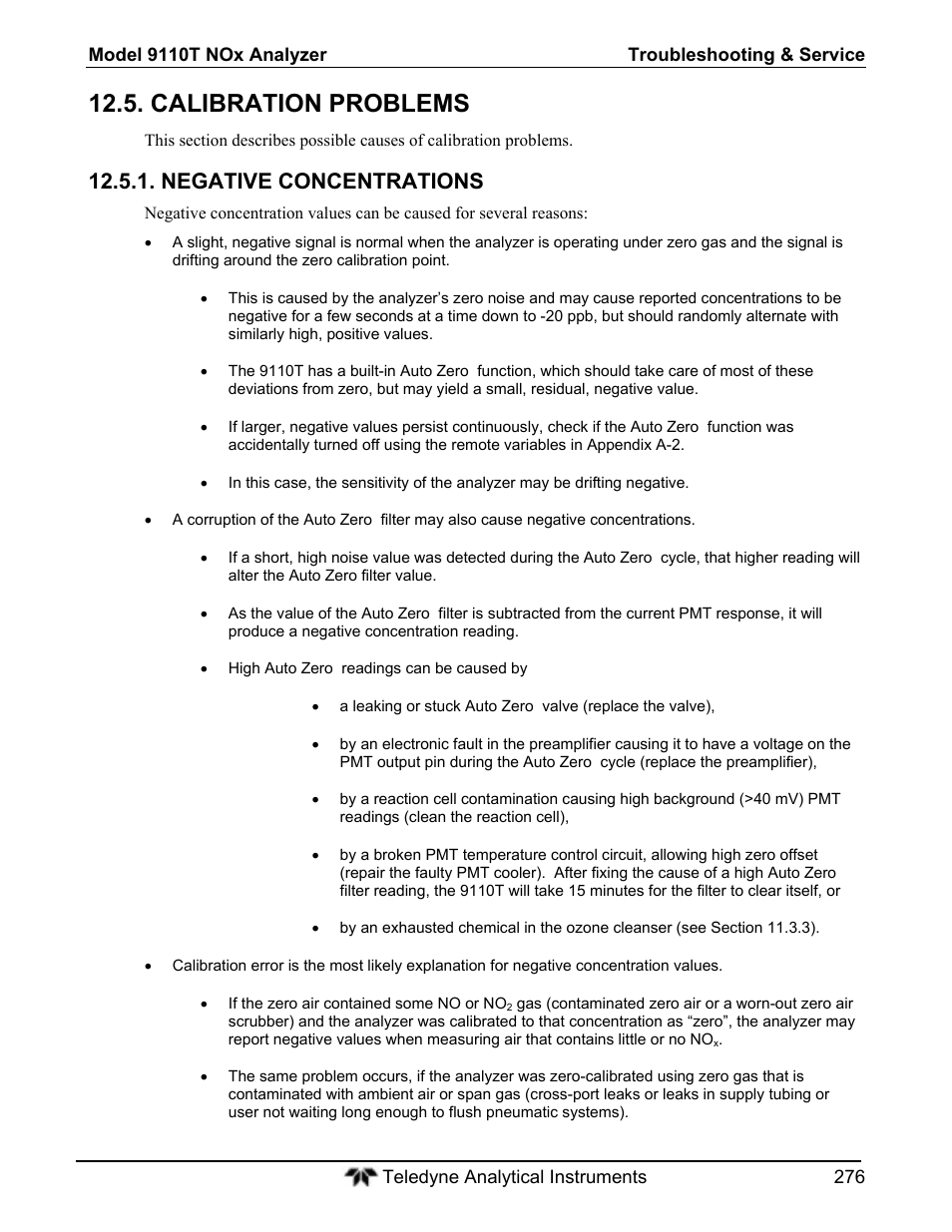 Calibration problems, Negative concentrations | Teledyne 9110T - Nitrogen Oxides Analyzer User Manual | Page 276 / 378