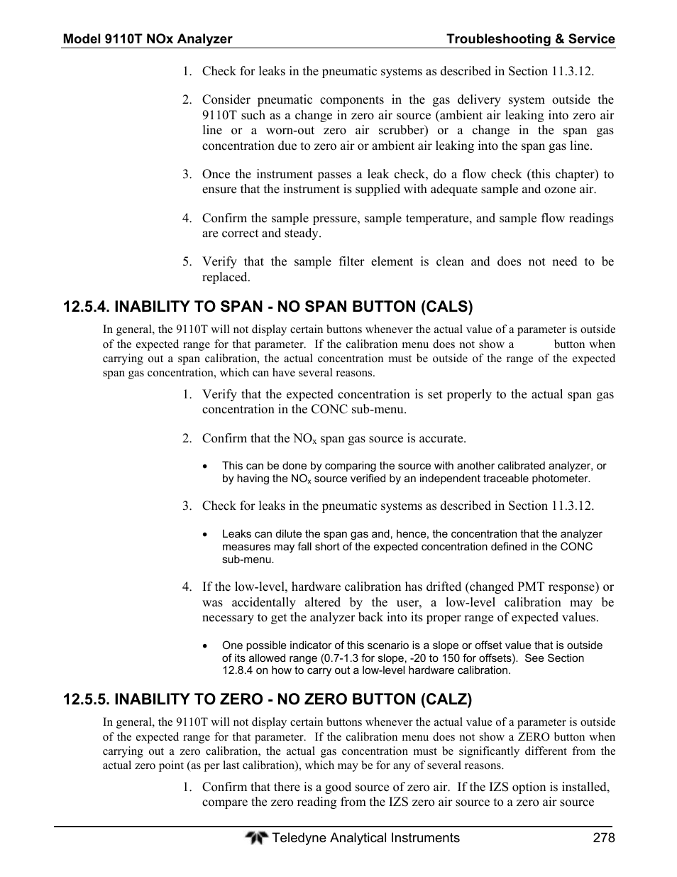 Inability to span - no span button (cals), Inability to zero - no zero button (calz) | Teledyne 9110T - Nitrogen Oxides Analyzer User Manual | Page 278 / 378
