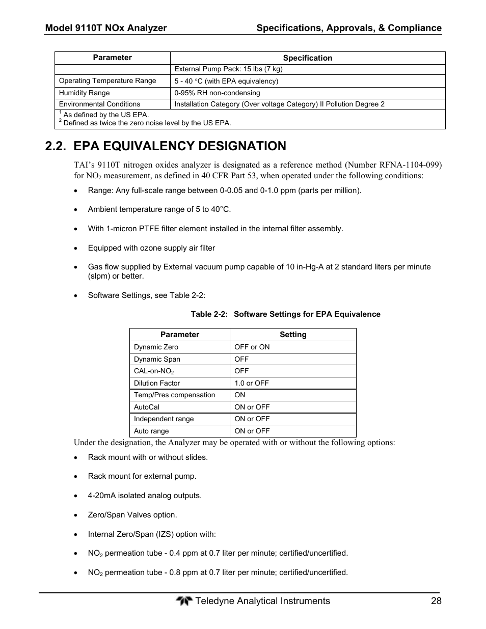 Epa equivalency designation | Teledyne 9110T - Nitrogen Oxides Analyzer User Manual | Page 28 / 378