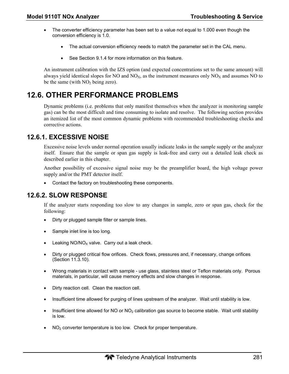 Other performance problems, Excessive noise, Slow response | Teledyne 9110T - Nitrogen Oxides Analyzer User Manual | Page 281 / 378
