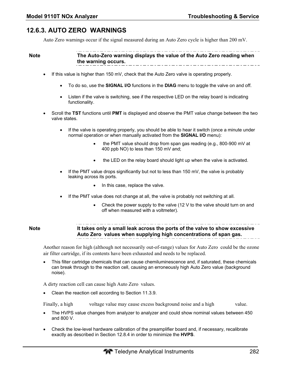 Auto zero warnings | Teledyne 9110T - Nitrogen Oxides Analyzer User Manual | Page 282 / 378