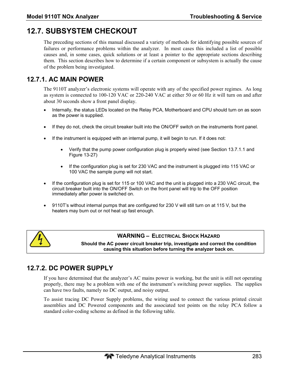 Subsystem checkout, Ac main power, Dc power supply | Teledyne 9110T - Nitrogen Oxides Analyzer User Manual | Page 283 / 378