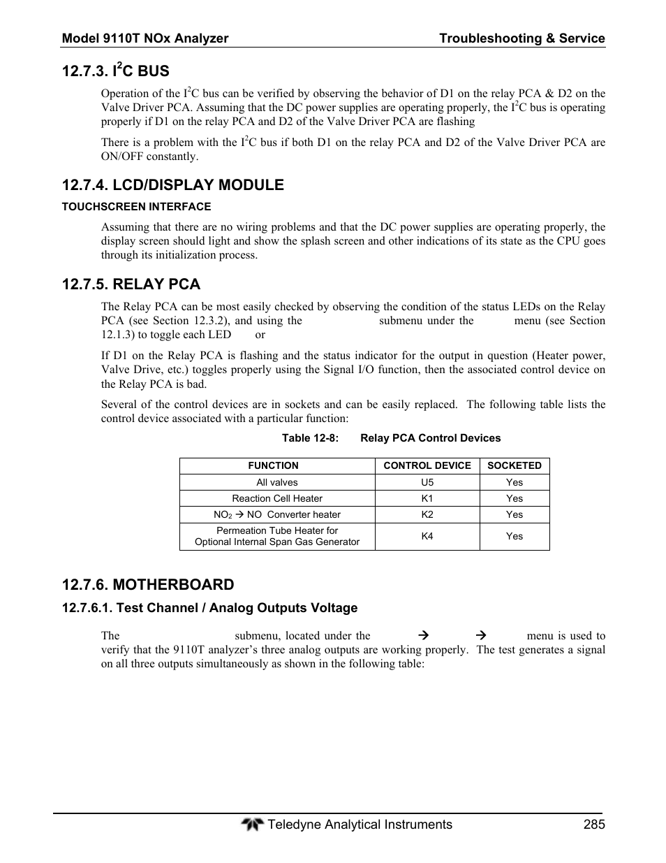 C bus, Lcd/display module, Relay pca | Motherboard | Teledyne 9110T - Nitrogen Oxides Analyzer User Manual | Page 285 / 378
