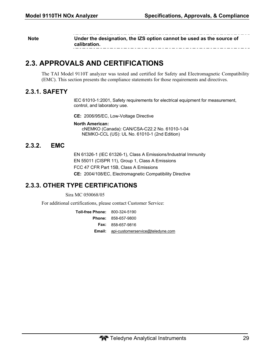 Approvals and certifications, Safety, Other type certifications | Teledyne 9110T - Nitrogen Oxides Analyzer User Manual | Page 29 / 378