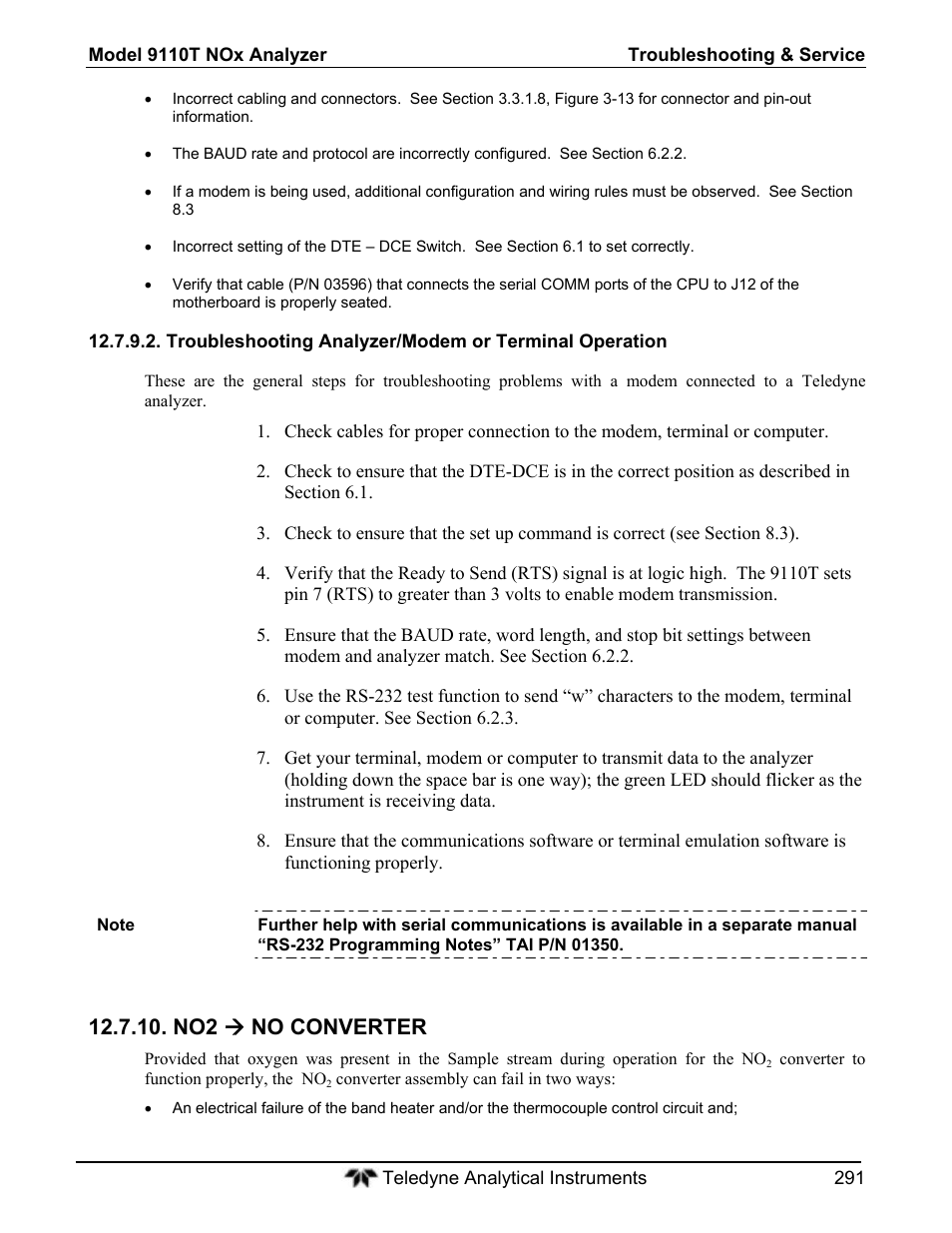 No2  no converter | Teledyne 9110T - Nitrogen Oxides Analyzer User Manual | Page 291 / 378