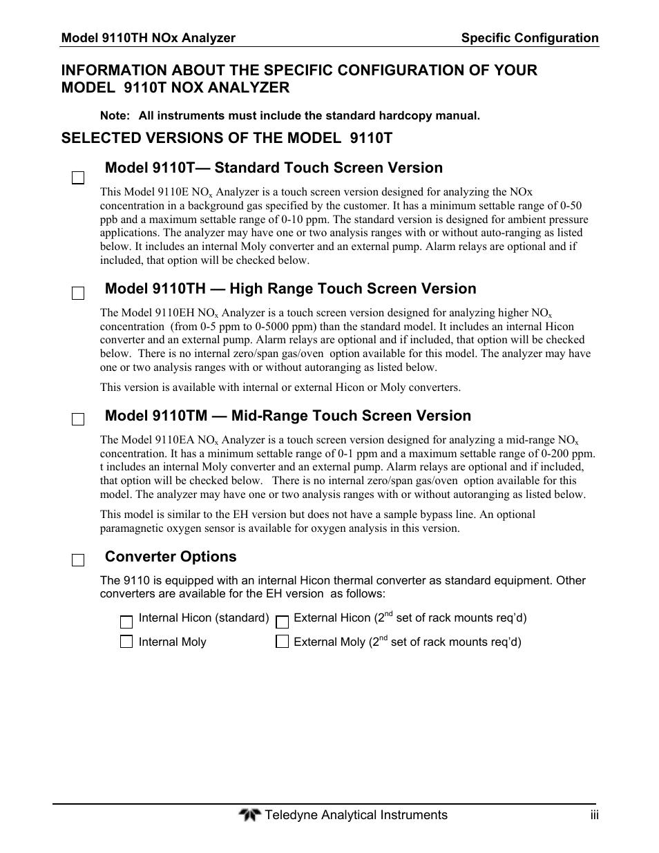 Model 9110th — high range touch screen version, Model 9110tm — mid-range touch screen version, Converter options | Teledyne 9110T - Nitrogen Oxides Analyzer User Manual | Page 3 / 378