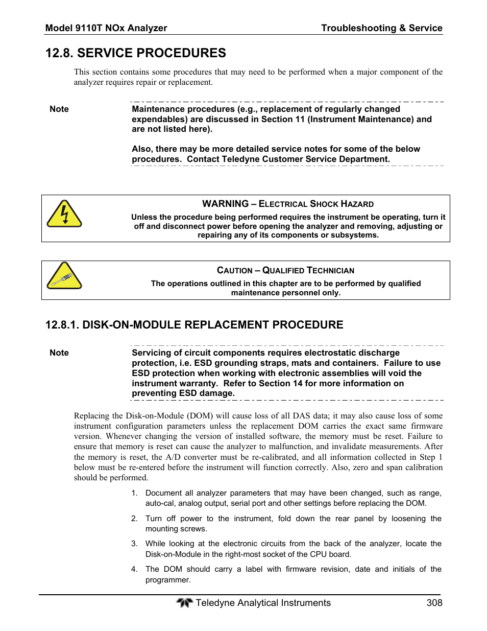 Service procedures, Disk-on-module replacement procedure | Teledyne 9110T - Nitrogen Oxides Analyzer User Manual | Page 308 / 378