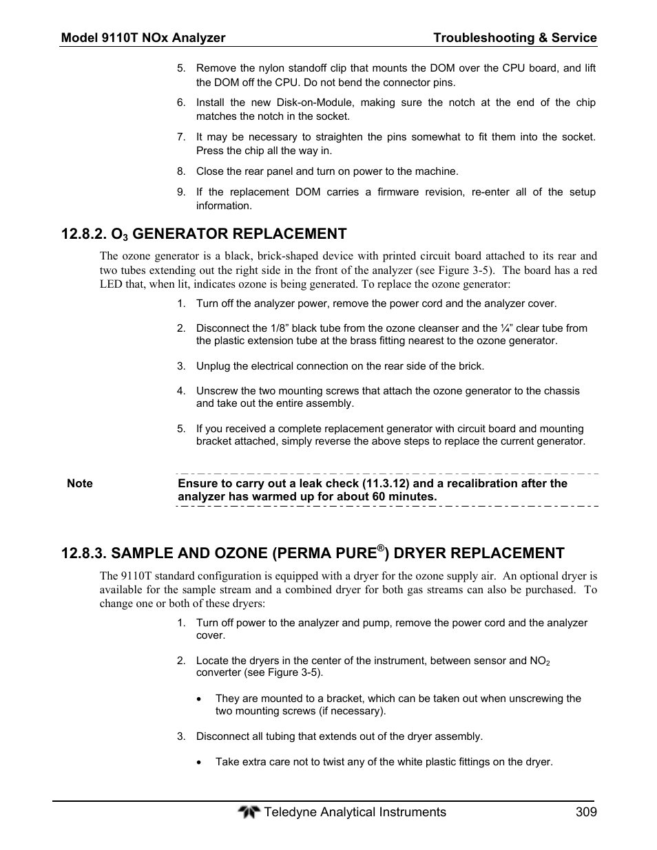 Generator replacement, Sample and ozone (perma pure, Dryer replacement | Teledyne 9110T - Nitrogen Oxides Analyzer User Manual | Page 309 / 378