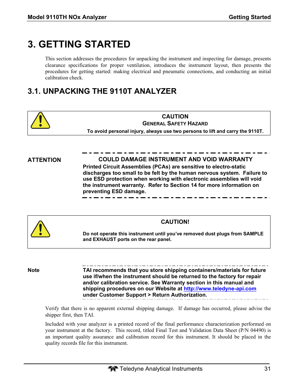 Getting started, Unpacking the 9110t analyzer | Teledyne 9110T - Nitrogen Oxides Analyzer User Manual | Page 31 / 378