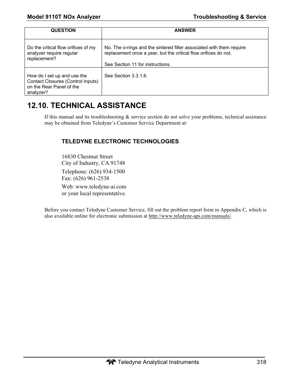 Technical assistance | Teledyne 9110T - Nitrogen Oxides Analyzer User Manual | Page 318 / 378