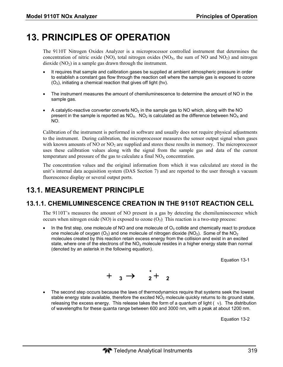 Principles of operation, Ono o no, Measurement principle | Teledyne 9110T - Nitrogen Oxides Analyzer User Manual | Page 319 / 378