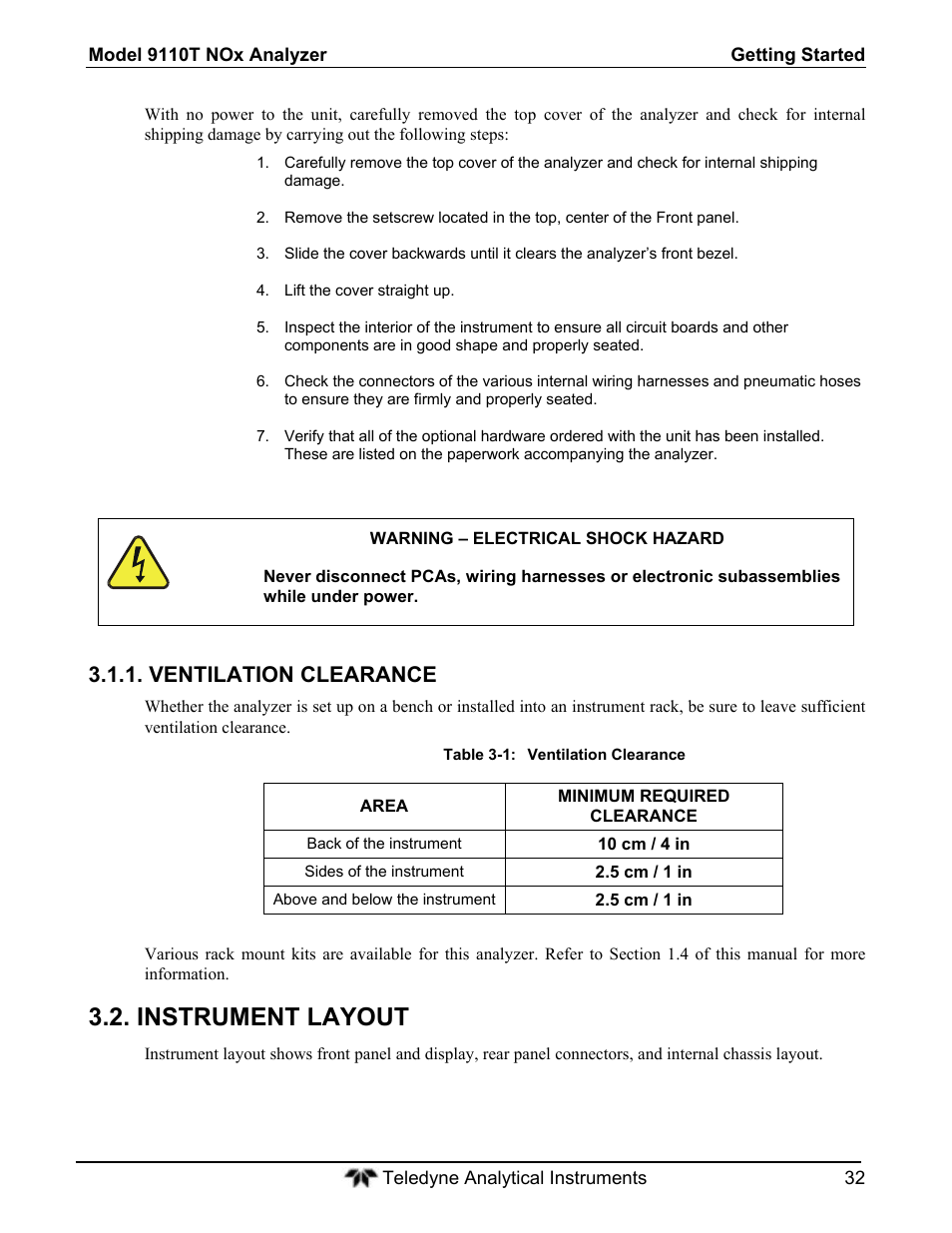 Instrument layout, Ventilation clearance | Teledyne 9110T - Nitrogen Oxides Analyzer User Manual | Page 32 / 378