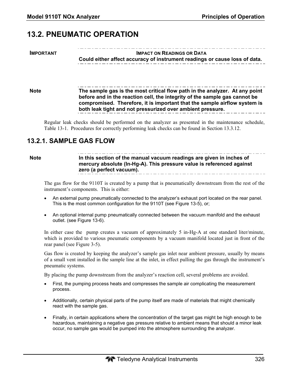 Pneumatic operation, Sample gas flow | Teledyne 9110T - Nitrogen Oxides Analyzer User Manual | Page 326 / 378
